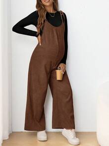 SHEIN 孕婦休閒細肩帶蝴蝶結修身長版連身褲 - 棕色 - 查看 1