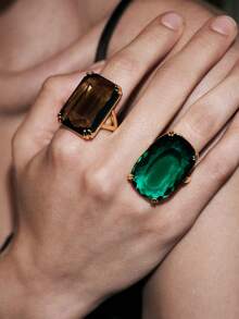 Noxbound Color Claw Set Large Gemstone Exaggerated Ring 2, Rectangle Smoke Crystal And Oval Emerald Crystal Rough Ring, Ladies Luxury Jewelry - Gold - View 7