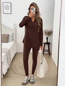 SHEIN LUNE 女款休閒秋冬居家保暖內搭長褲 2 件套 - 棕色 - 查看 5