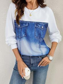 EMERY ROSE Women's New Autumn/Winter Casual Patchwork Long Sleeve Sweatshirt - Blue and White - View 4