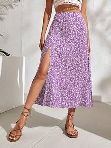 SHEIN Holidaya 女款碎花開衩大腿長裙 度假海灘穿搭 - 紫色 - 查看 3