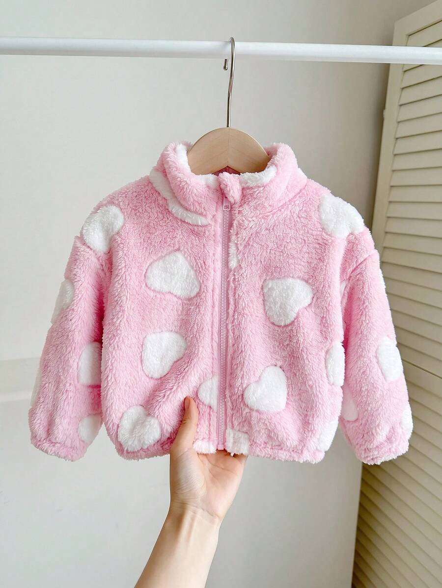 SHEIN LMoss 女嬰可愛休閒愛心圖案毛絨立領夾克,適合秋冬穿搭 - 彩色 - 查看 1