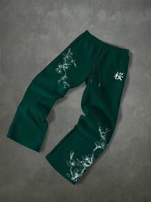 Manfinity EMRG 男士抽繩腰花卉印花休閒日常運動長褲 - 墨綠色 - 查看 4
