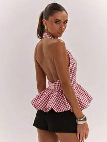 SHEIN BAE Women's Summer Sexy Plaid Backless Halter Top Going Out Vacation Red And White Plaid - Red and White - View 2