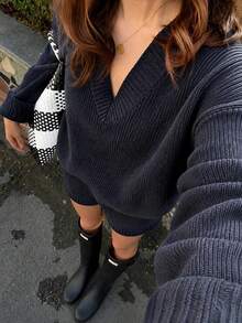 Autumina Women's Fall Casual Preppy Young V-Neck Pique Knit Loose Fit Sweater And Shorts 2 Pieces Set Lounge Dark Grey - Royal Blue - View 4