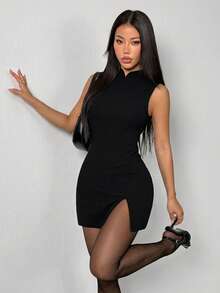 SHEIN PETITE 情人節/春節新款套裝：復古錢幣圖案立領修身喇叭袖優雅紅色洋裝，適合約會與派對 - 黑色 - 查看 7