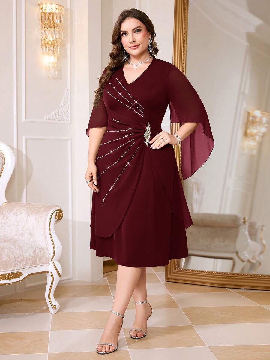 Reflora Plus Size Elegant Exquisite Rhinestone Pleated Crystal Buckle Waist Dress Fall - Burgundy - View 1