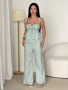 SHEIN PETITE 女款休閒黑色波點印花細肩帶背心與長褲兩件套，可愛波點兩件套 - 薄荷綠 - 查看 2
