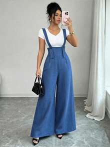 Elenzga Women's Short Sleeve Casual Faux Linen 2-In-1 Jumpsuit - Navy Blue - View 6