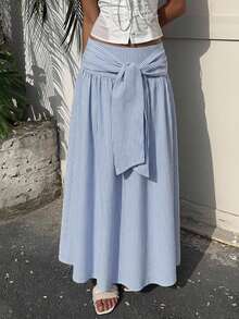 SHEIN EZwear Striped Casual Plus Size Women's Front Knot Skirt - Blue and White - View 5