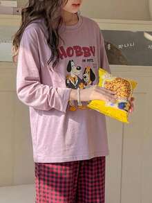 DAZY Tween Girl Loose Long Sleeve Graphic T-Shirt Top + Plaid Casual Straight Leg Pants 2 Pieces Loungewear Set Fall - Pink - View 5
