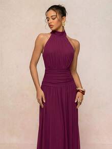 Lumalex Soft Flowy Comfortable Mesh Mock Neck Ruched Waist Oversized Skirt Backless Tie Strap Women's Long Dress - Burgundy - View 10