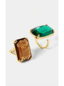 Noxbound Color Claw Set Large Gemstone Exaggerated Ring 2, Rectangle Smoke Crystal And Oval Emerald Crystal Rough Ring, Ladies Luxury Jewelry - Gold - View 4