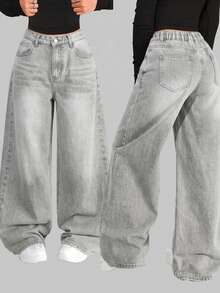 SHEIN Teen Girl Fashion Versatile Button Pocket Loose Fit Jeans - Light Grey - View 1