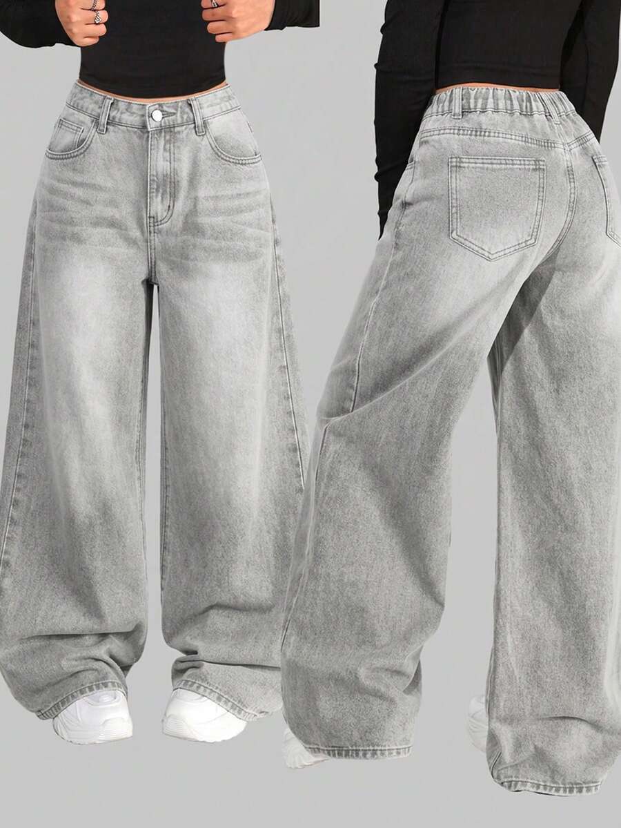 SHEIN Teen Girl Fashion Versatile Button Pocket Loose Fit Jeans - Light Grey - View 1