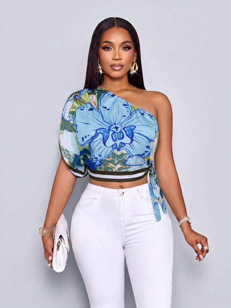 SOLERSUN Spring And Summer Women's Casual Everyday Shirt, Printed Style, One-Shoulder Design, Pleated Details, Side Waist Tie. Elegant For Commuting, Office, Outings, Minimalist Style, Music Festival, And Vacation Wear. Summer Top. - Light Wash - View 5