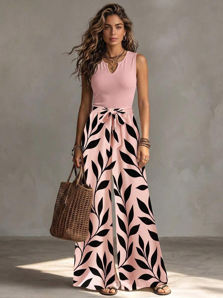 Franclia Women's Spring/Summer Beach Vacation Style Floral Print Notch Neck Sleeveless Tie Waist Wide Leg Jumpsuit - Pink - View 1