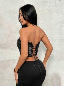 SHEIN PETITE 女款夏季海灘度假純色蕾絲細肩帶上衣，適合日常穿著、約會、夜店、派對、聚會、雞尾酒會、泳池派對、返校、通勤、情人節 - 黑色 - 查看 2