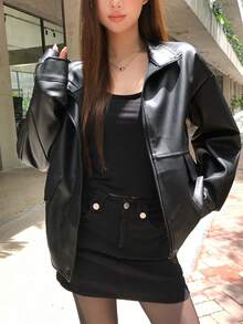 DAZY Women's Regular Fit Black PU Leather Jacket With Stand Collar, Long Sleeves, Zipper Front, Loose Fit And Pocket Decor Cute Tops - Black - View 5