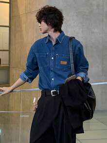 DAZY Spring/Autumn Blue Washed Distressed Chest Patch Pocket Design Men's Denim Jacket - Navy Blue - View 5
