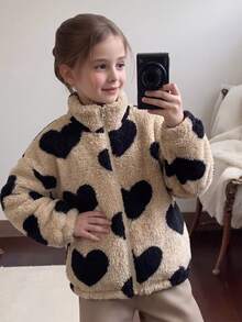SHEIN Tween Girl Heart Fleece Kids Hooded Zip-Up Jacket For Autumn/Winter, Suitable For Outdoor And Back - Khaki - View 7