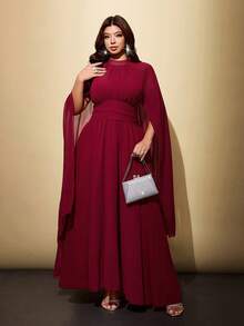 Viva Relle Plus Size Elegant Flared Dress With Cinching Waist - Burgundy - View 5