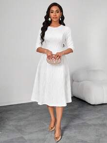 SHEIN Lady 女款純色百褶休閒可愛優雅日常夏季中長洋裝 白色 適合婚禮、教堂、洗禮儀式 - 白色 - 查看 6