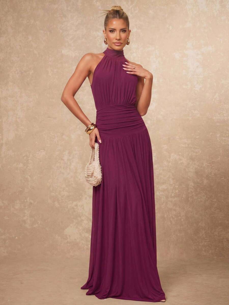 Lumalex Soft Flowy Comfortable Mesh Mock Neck Ruched Waist Oversized Skirt Backless Tie Strap Women's Long Dress