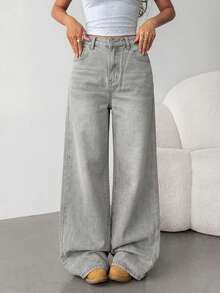 SHEIN Teen Girl Fashion Versatile Button Pocket Loose Fit Jeans - Light Grey - View 8