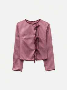 Nöista Vintage Pink Crossed Tie-Front Jacket With Contrast Piping In Burgundy Fashionable Elegant Chic Everyday Fall Autumn Winter Women's Jacket - Red Violet - View 7