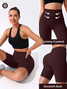 SHEIN Sports 女款純色高腰日常健身運動短褲 - 酒紅色 - 查看 5