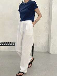 Dazy-Less Solid Crew Neck Crop Tee Summer Preppy Tops Business Casual Woman Work Clothes - Navy Blue - View 3
