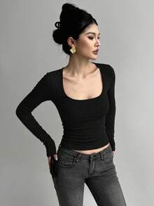 DAZY Women's Solid Color Ruched Slim Fit Versatile Daily Casual Long Sleeve T-Shirt - Black - View 4