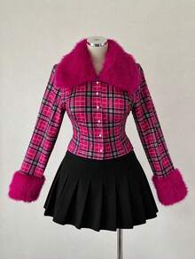 Sunspun Plus Size Fashion Plaid Fur Collar Jacket Fall - Multicolor - View 7