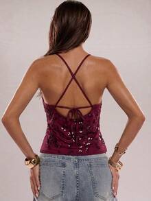 SHEIN BAE Women's Summer Sequin & Floral Embellished Camisole Top - Burgundy - View 2