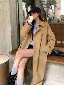 DAZY Women's Solid Color Lapel Collar Spring/Autumn Trench Coat Cute Tops Office Khaki Green French Classic - Khaki - View 5