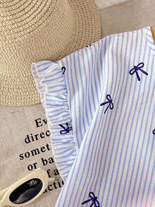 SHEIN 青少年女孩 T-Shirt 套裝，梭織藍白條紋蝴蝶結印花，荷葉袖圓領 T-Shirt 搭配直筒長褲，休閒套裝，適合日常穿著與休閒度假 - 藍色 - 查看 6