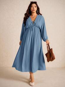 Elaquor Plus Size Autumn Casual Solid Color Dress Fall - Dusty Blue - View 3