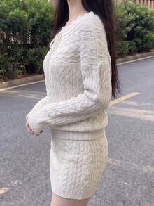 DAZY Women's Off-Shoulder Tie-Front Knit Long Sleeve Sweater, Gentle Elegant Top For Autumn/Winter - Apricot - View 1
