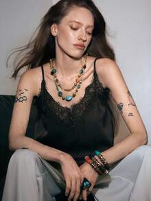 Noxbound 1 Piece, Bohemian Style, Women's Double-Layer Stacked Necklace, Multi-Color Pattern Resin Beads With Gold CCB Gold Chain, Can Show The Unique Charm Of - Turquoise - View 7