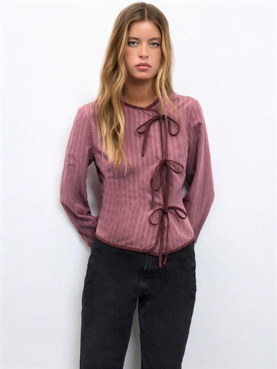 Nöista Vintage Pink Crossed Tie-Front Jacket With Contrast Piping In Burgundy Fashionable Elegant Chic Everyday Fall Autumn Winter Women's Jacket - Red Violet - View 1