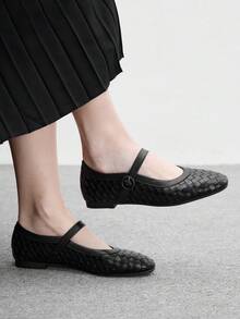 CUCCOO BIZCHIC 法式編織方頭低楦頭瑪麗珍平底鞋，通勤派對春假時尚舒適女鞋 - 黑色 - 查看 6