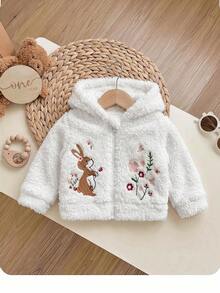 Chaqueta con capucha de patrón de dibujos animados esponjosa y versátil para bebé niña recién nacida otoño/invierno - Beis - Ver 6
