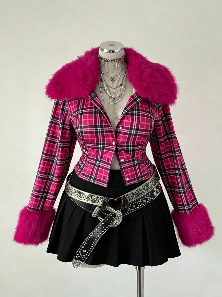 Sunspun Plus Size Fashion Plaid Fur Collar Jacket Fall - Multicolor - View 1