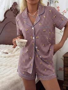 CottageSlumber Women's New Lemon Plaid Print Button-Front Short Sleeve Shorts Pajama Set - Burgundy - View 3