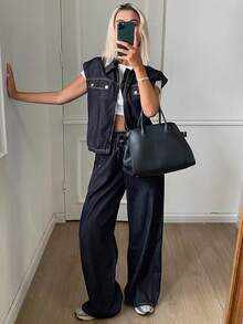DAZY Women's Zipper Sleeve Top And Long Pants Casual Daily Denim Set - Navy Blue - View 4