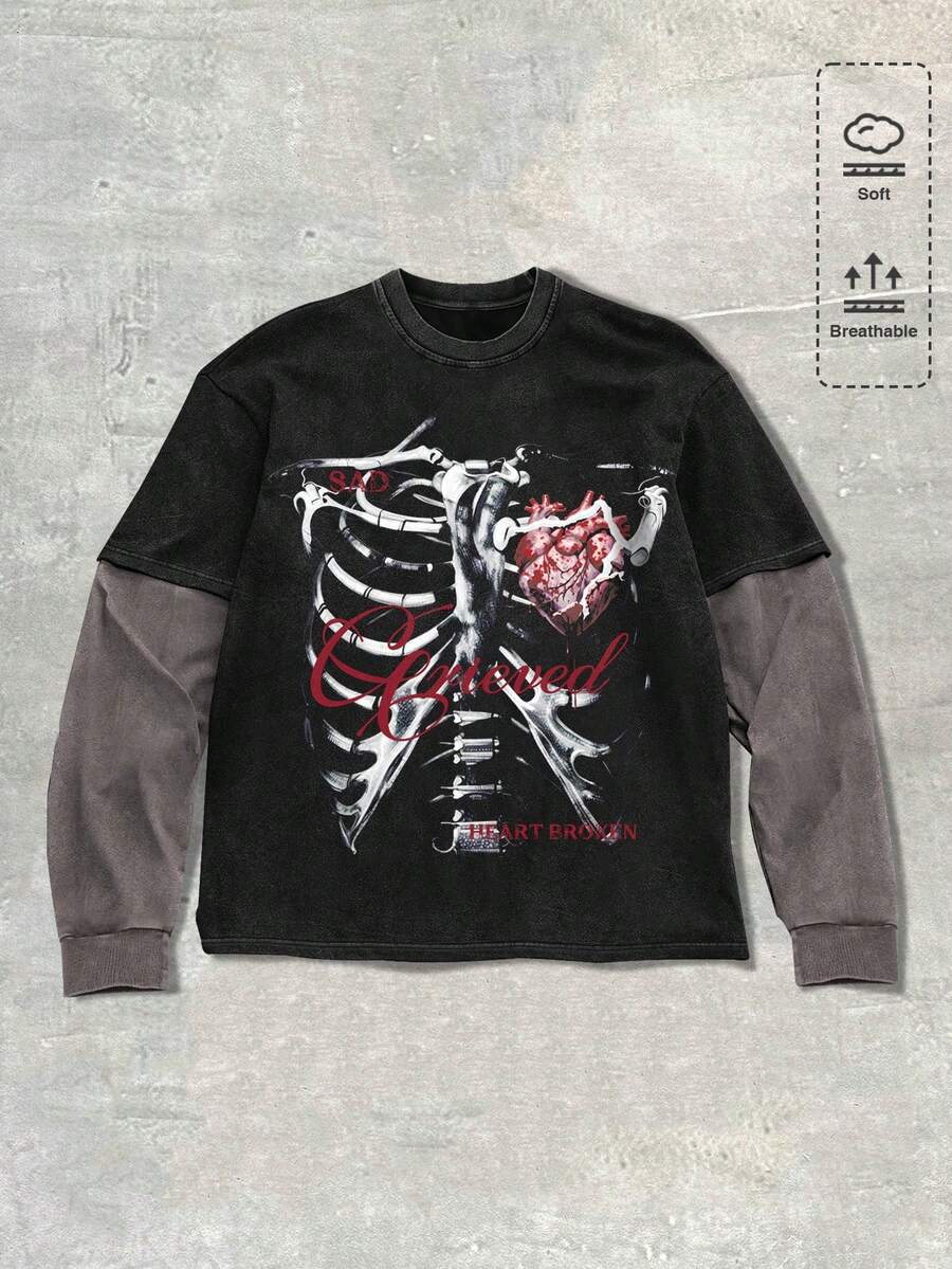ROMWE MEN Casual Men's Colorblock Patchwork Skeleton Print T-Shirt - Multicolor - View 1