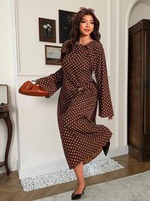 Elaquor Plus Size Women's Polka Dot Casual Daily Summer Dress - Brown - View 3