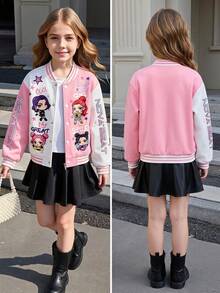 SHEIN Girls' Casual Fashion Spring/Autumn Colorful 3D Floral Contrast Color Baseball Jacket - Pink - View 2