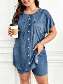SHEIN Frenchy 大码女式时尚休闲牛仔效果衬衫短裤两件套 - 彩色 - 查看 4